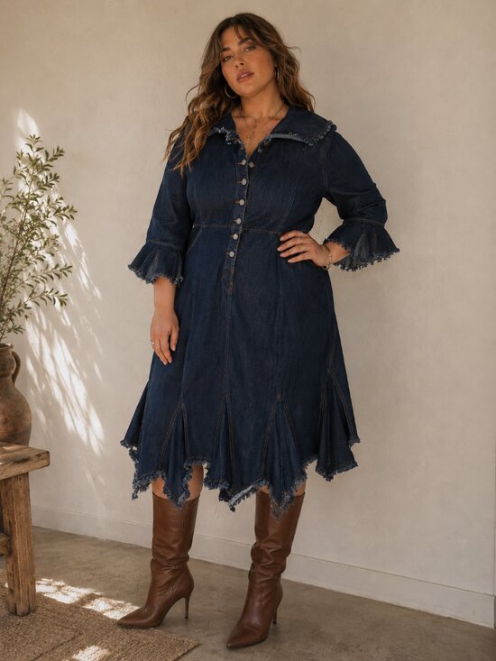 Goddess Trend Dresses & Skirts - Curvy Vintage Western Denim Dress Oversized Bertha Collar & Flare Sleeves 20